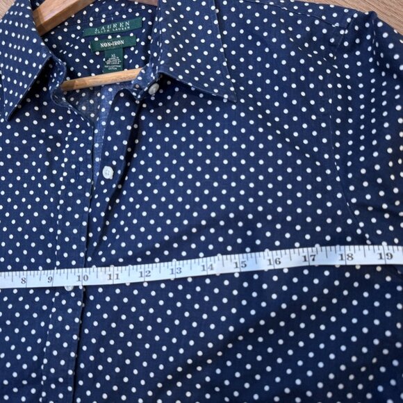 Lauren Ralph Lauren Navy & White Polka Dot Button-Up Blouse Size Large - Picture 9 of 10